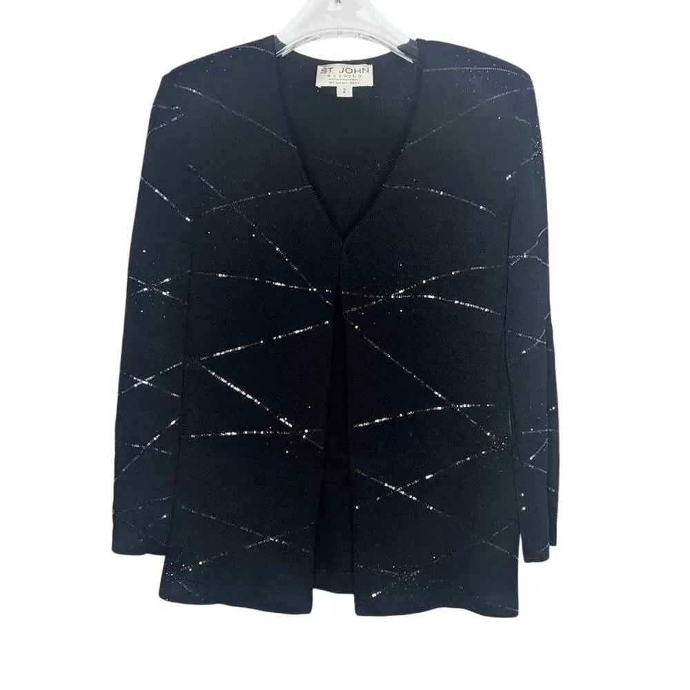 St. John Evening Vintage Black Starburst Sparkle Cardigan Long Sleeve V-Neck 2